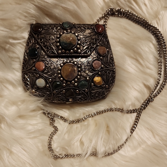 UNIQUE Silver Clutch with Intricate Embellishments & Natural Gemstones